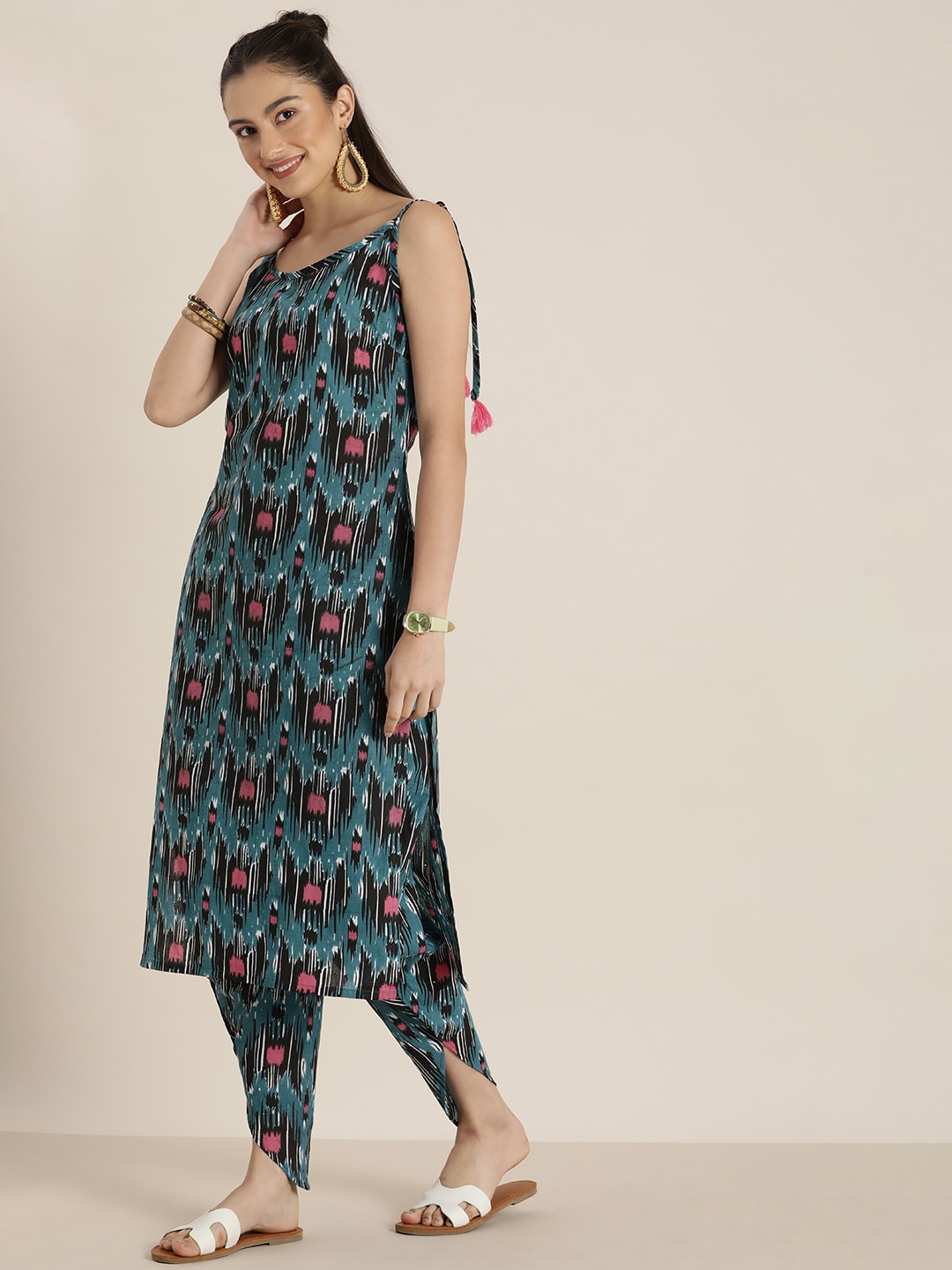 Sangria Women Blue & Pink Printed Pure Cotton Kurta with Dhoti Pants