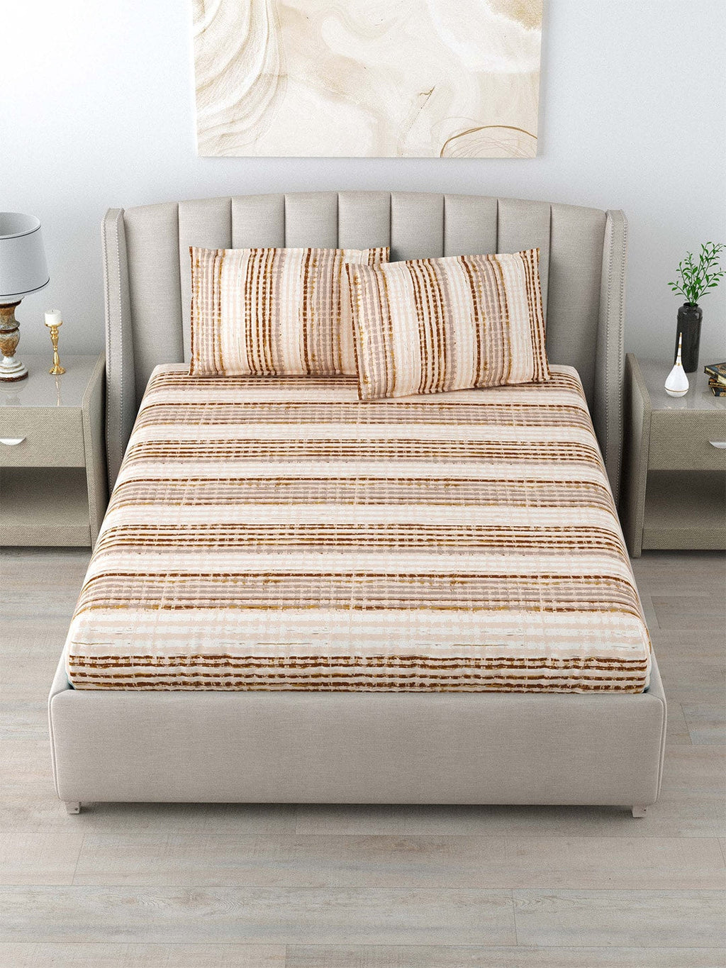 DREAM WEAVERZ Beige & Brown Striped Pure Cotton 220 TC King Bedsheet With 2 Pillow Covers - Distacart