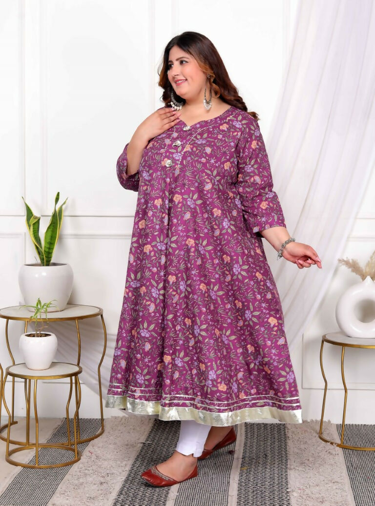 Miravan Women's Plus Size Cotton Gota Patti And Lace Border Details Floral Printed Purple Anarkali Kurta