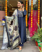 The52 Navy Blue Women's Beautiful Viscose Chanderi Fabric Embroidered Work Straight Kurta Pant and Dupatta Set - Distacart