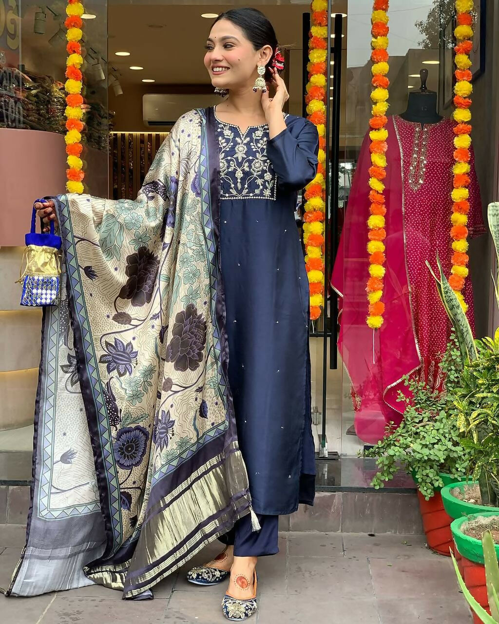 The52 Navy Blue Women's Beautiful Viscose Chanderi Fabric Embroidered Work Straight Kurta Pant and Dupatta Set - Distacart