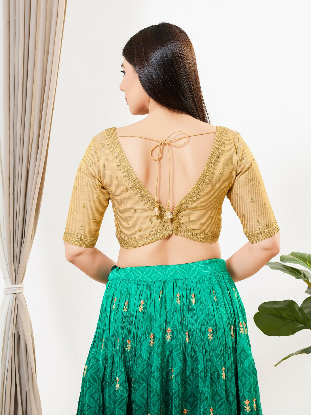 Joban Fashion Gold Tissue Padded Blouse With Sweetheart Neck Elbow Sleeves - Distacart