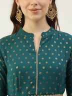 FIORRA Women's Turquise Poly Crepe Flared Kurta With Dupatta