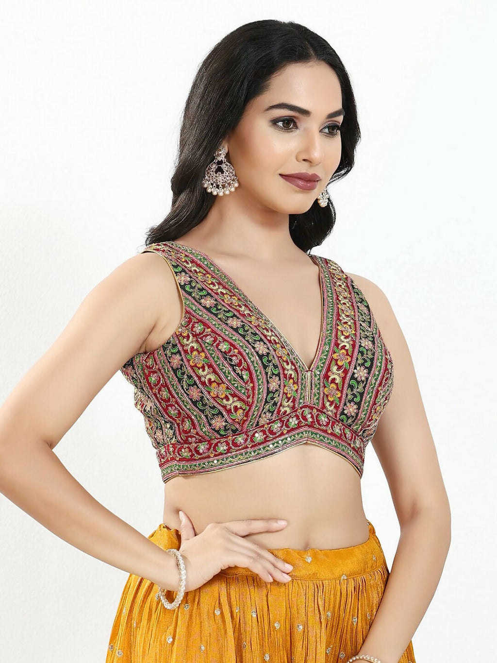 Joban Fashion Maroon Multi Georgette Padded Blouse With V Neck Sleeveless - Distacart