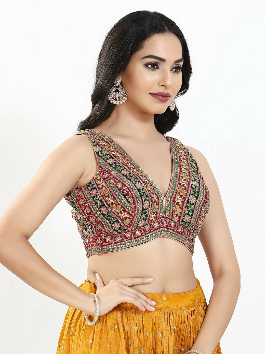 Joban Fashion Maroon Multi Georgette Padded Blouse With V Neck Sleeveless - Distacart