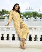 Vaasva Women's Yellow Cotton Printed Kurta Pant Set