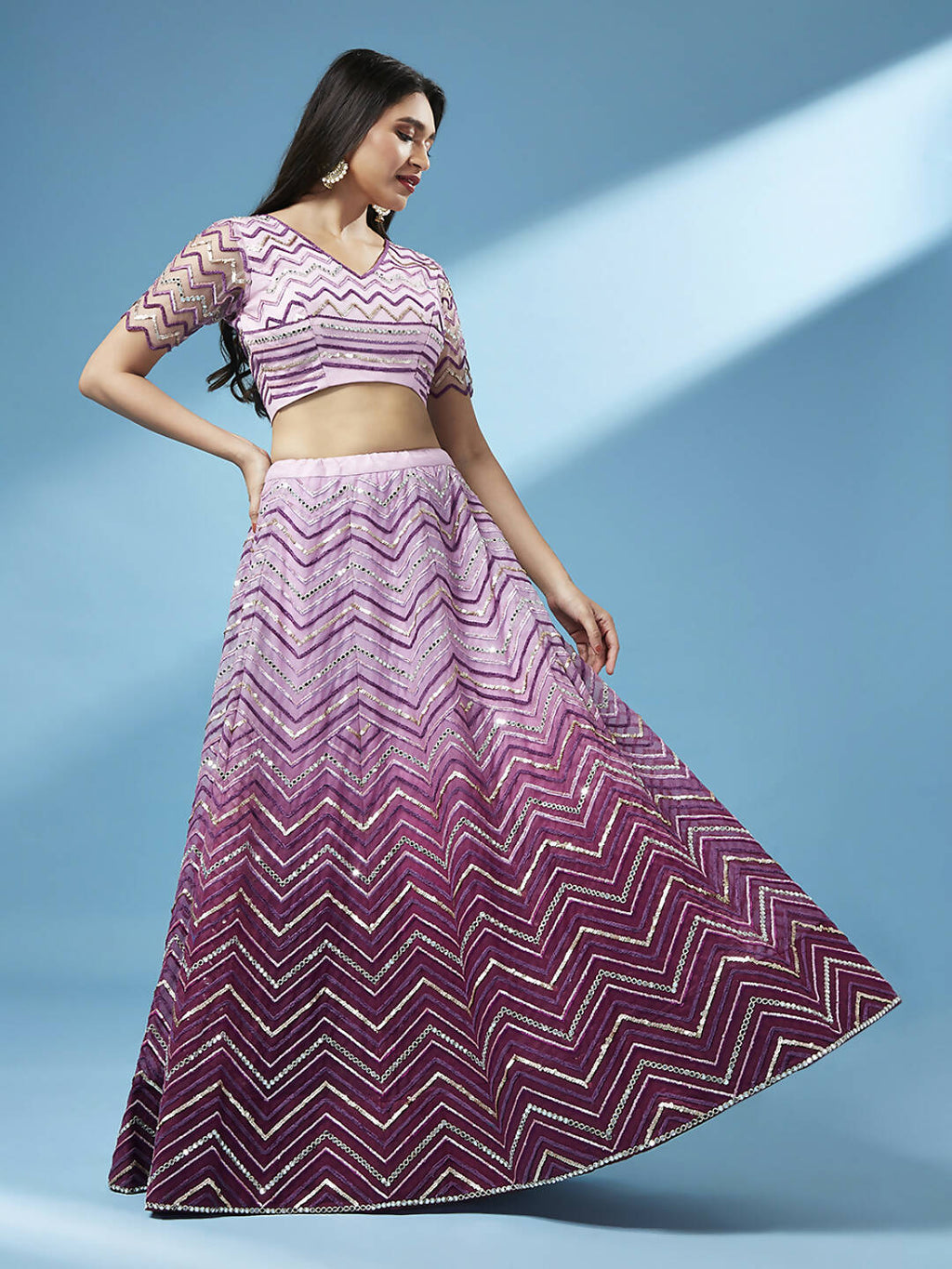 House of Panchhi Women Lavender Net Zig-Zag Embroideried Lehenga, Blouse & Dupatta