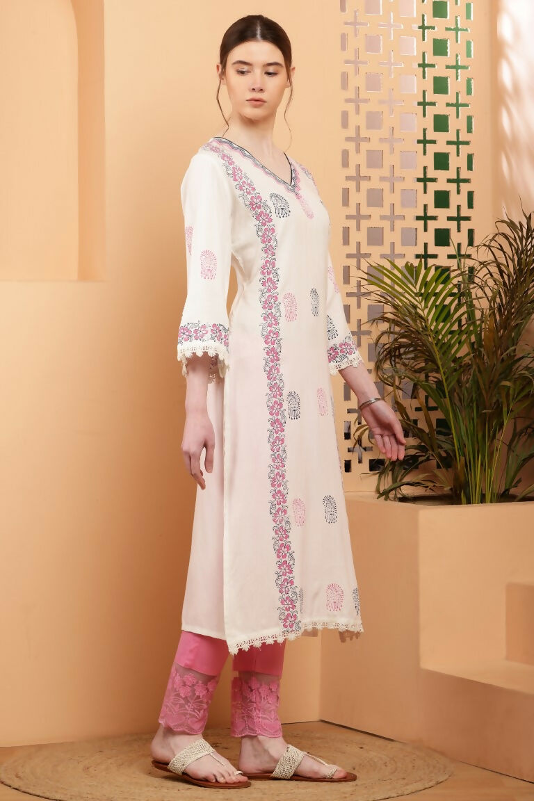 Cheera Women Stylish Hand Block Printed Cotton Blend Flared Kurta - Off White