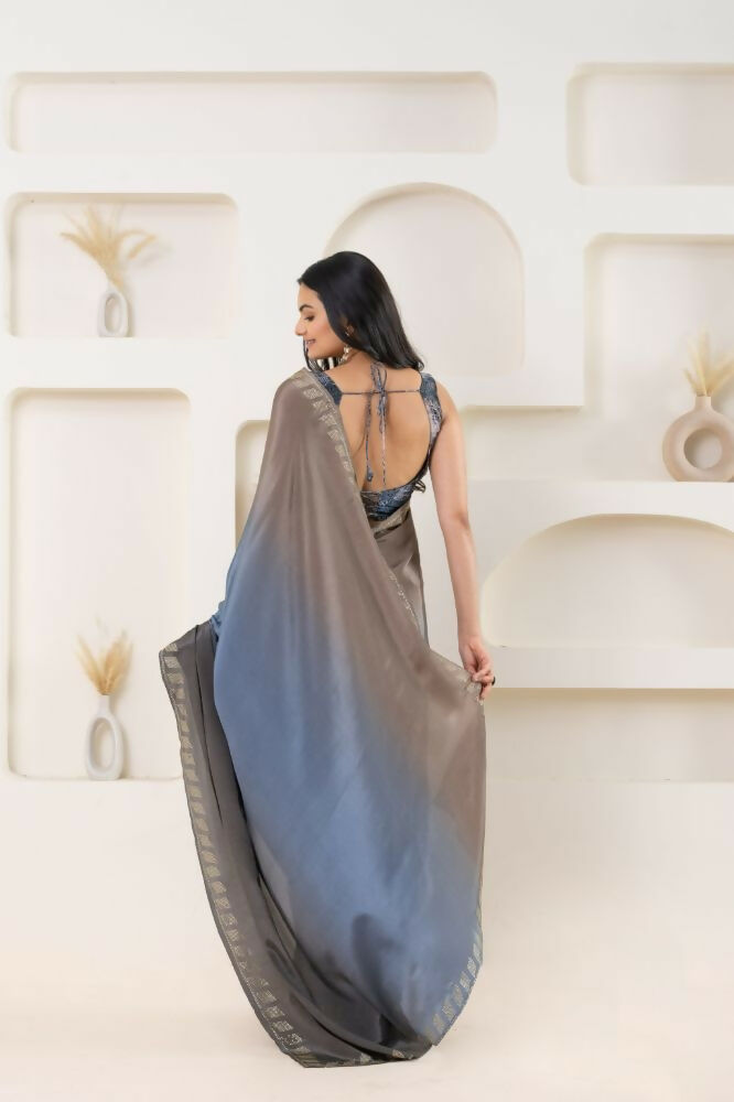 Grey Satin Pedding Designer, Printed Party Wear Ready To Wear Saree - Femina