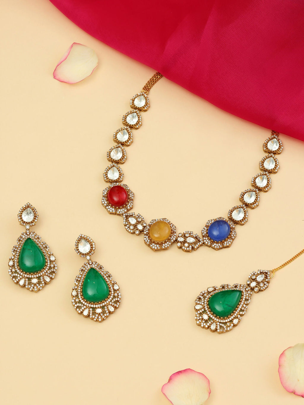 Ruby Raang 22k Gold Polished Stonework Kundan Necklace With Earrings And Maang Tikka