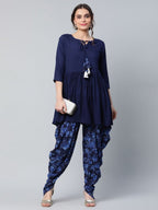 Ahalyaa Women Navy Blue Rayon Floral Empire Kurti with Dhoti Pants - Distacart