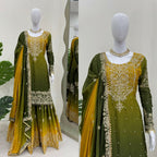 The52 Women's Beautiful Chinon silk Fabric Embroidery Work Straight Kurta Palazzo and Dupatta Set - Distacart