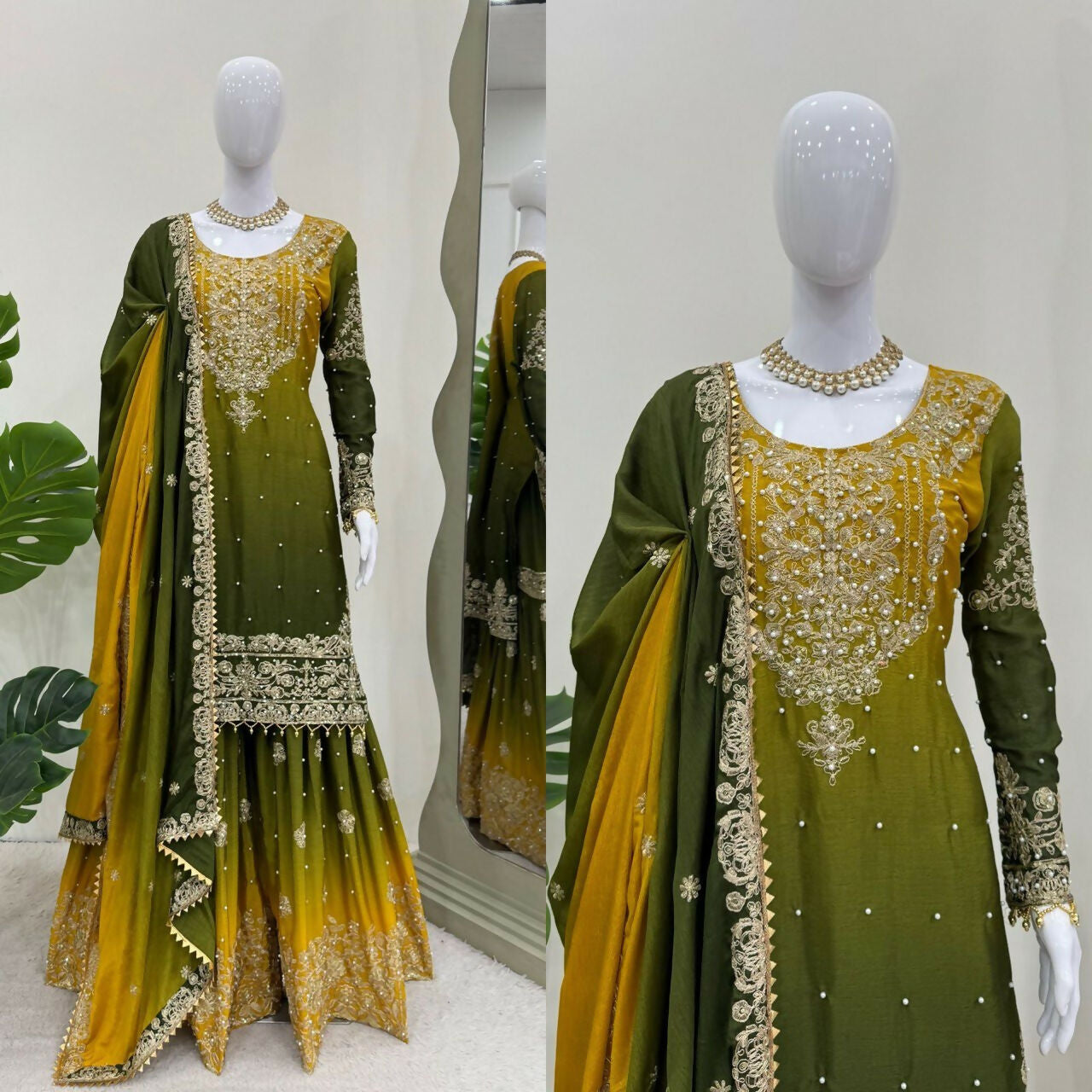 The52 Women's Beautiful Chinon silk Fabric Embroidery Work Straight Kurta Palazzo and Dupatta Set - Distacart
