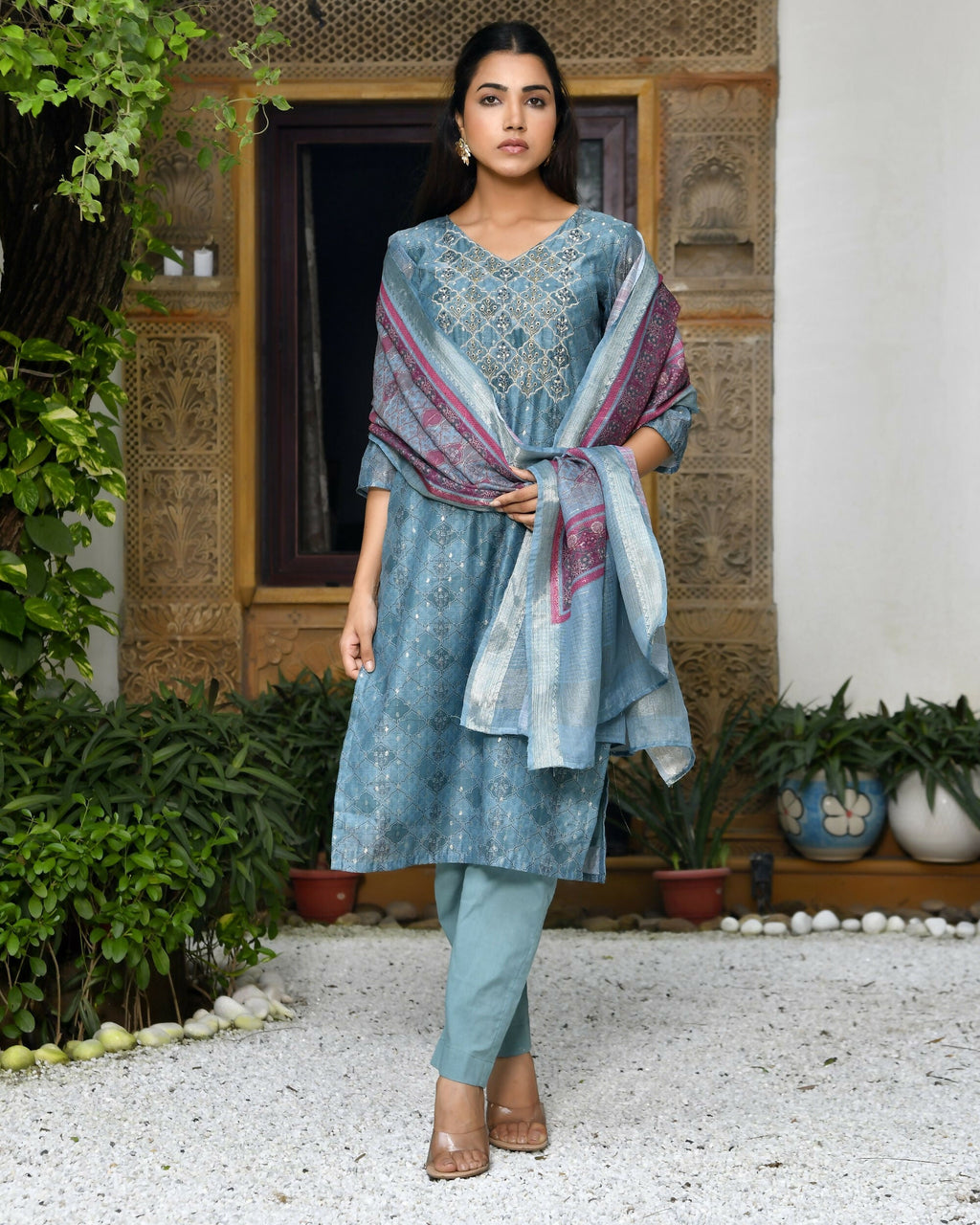 Vaasva Women's Chanderi Printed Suit Set With Pant And Printed Dupatta