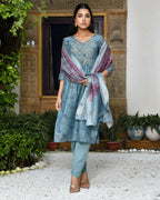 Vaasva Women's Chanderi Printed Suit Set With Pant And Printed Dupatta