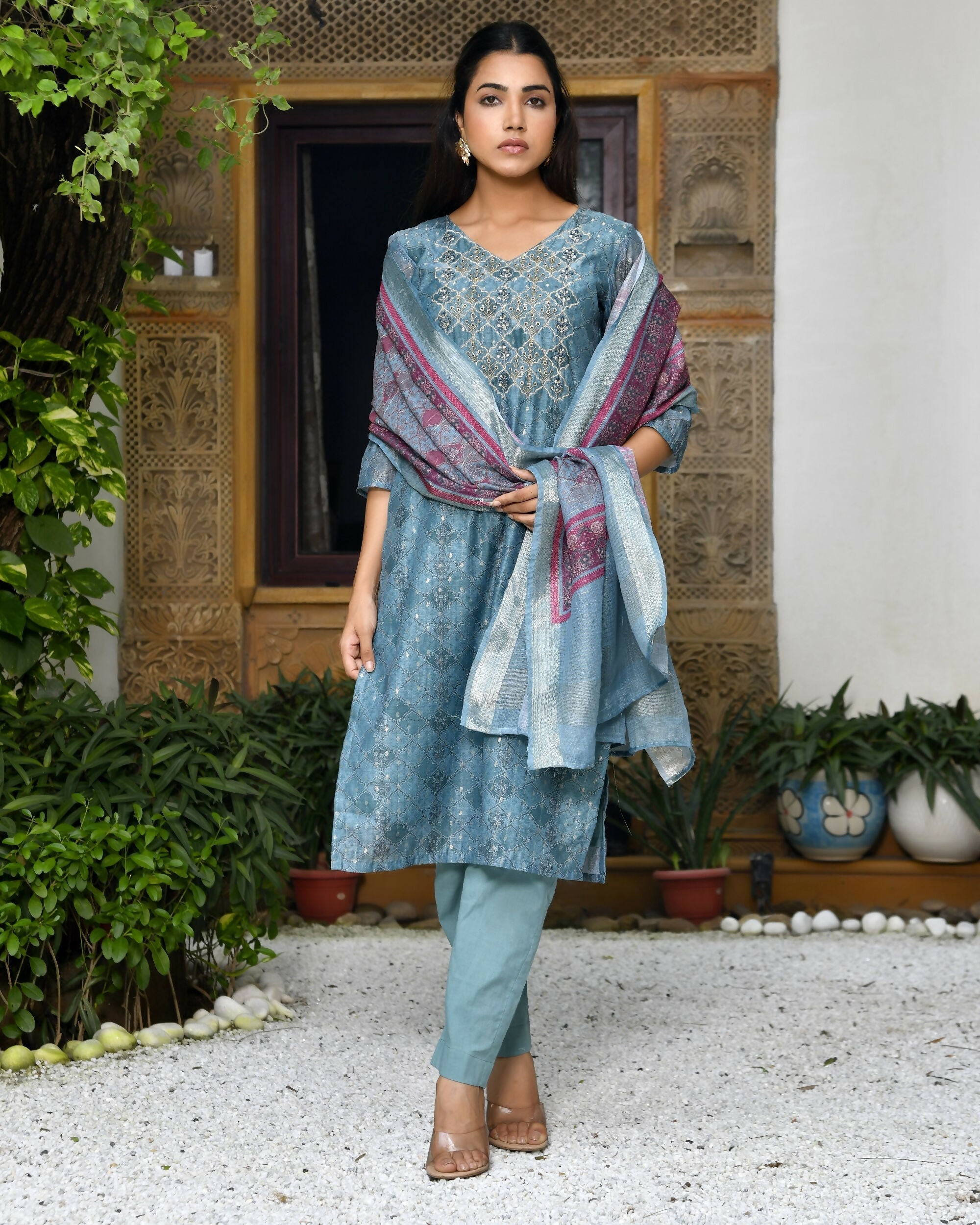 Vaasva Women's Chanderi Printed Suit Set With Pant And Printed Dupatta