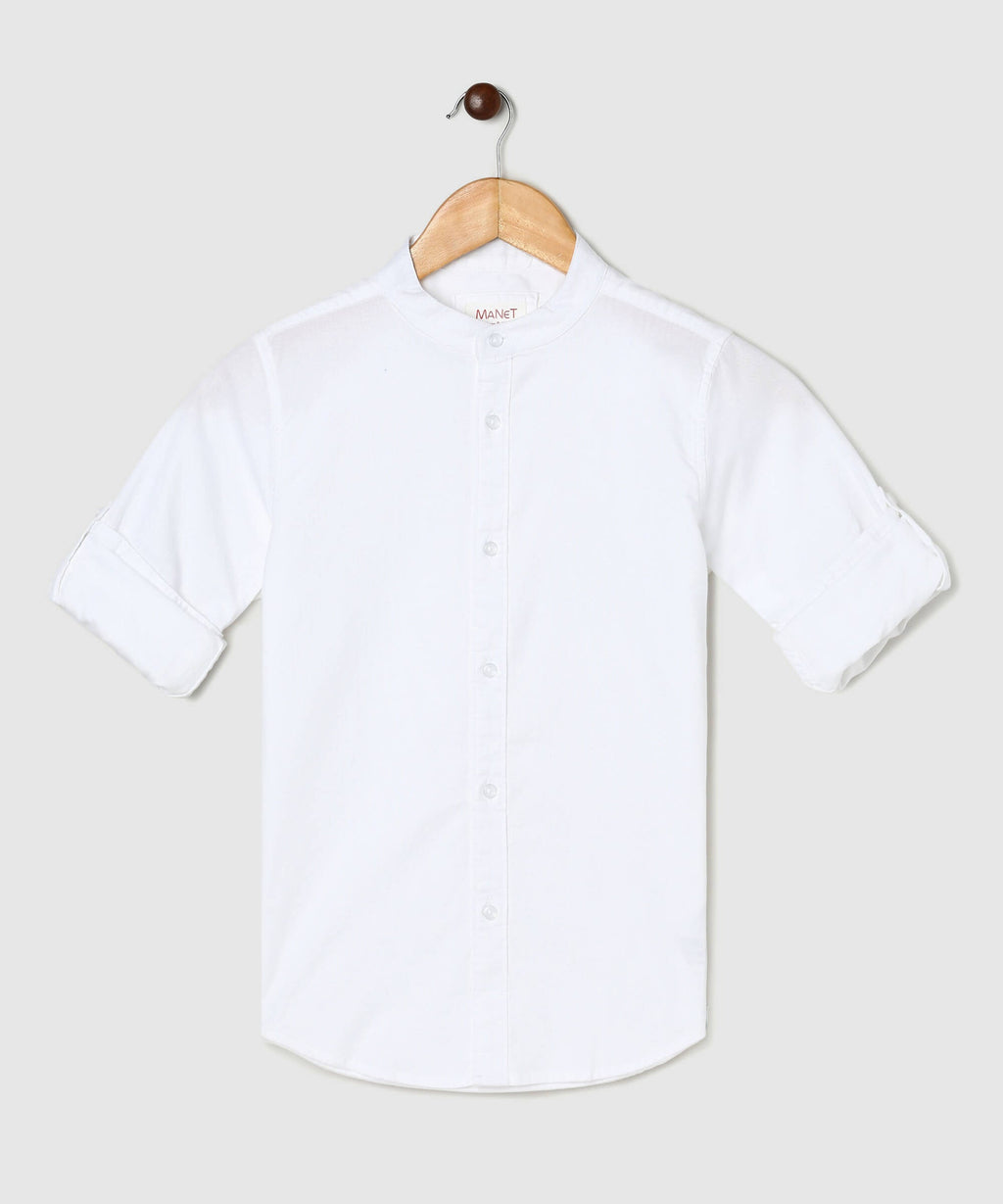 Manet Boys Mandarin Collar Full Sleeves Melange Shirt - White
