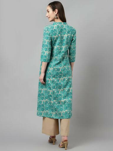 FIORRA Women's Floral Printed Teal Green Pure Cotton Straight Kurta