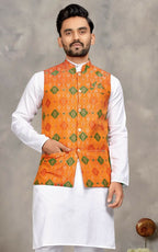 Anaita Orange Cotton Straight Kurta Pajama & Koti With Jequard Work