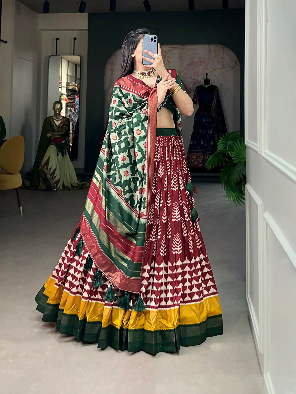 Vastranavya Traditional Printed Tusser Silk Lehenga Choli - Maroon