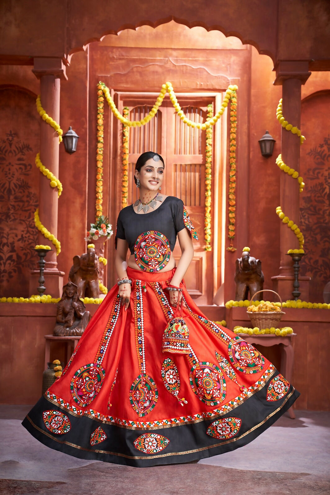 AI Fashion Red Art Silk Designer Navratri Lehenga Choli Collection