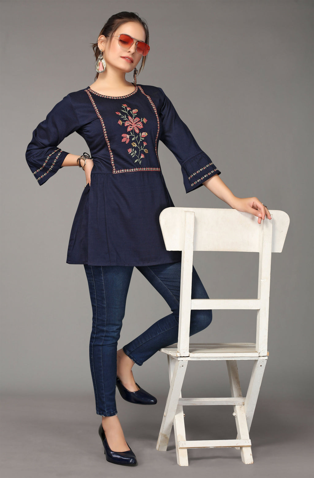Women's Navy Blue Viscose blend Embroidered Short Top - Marina