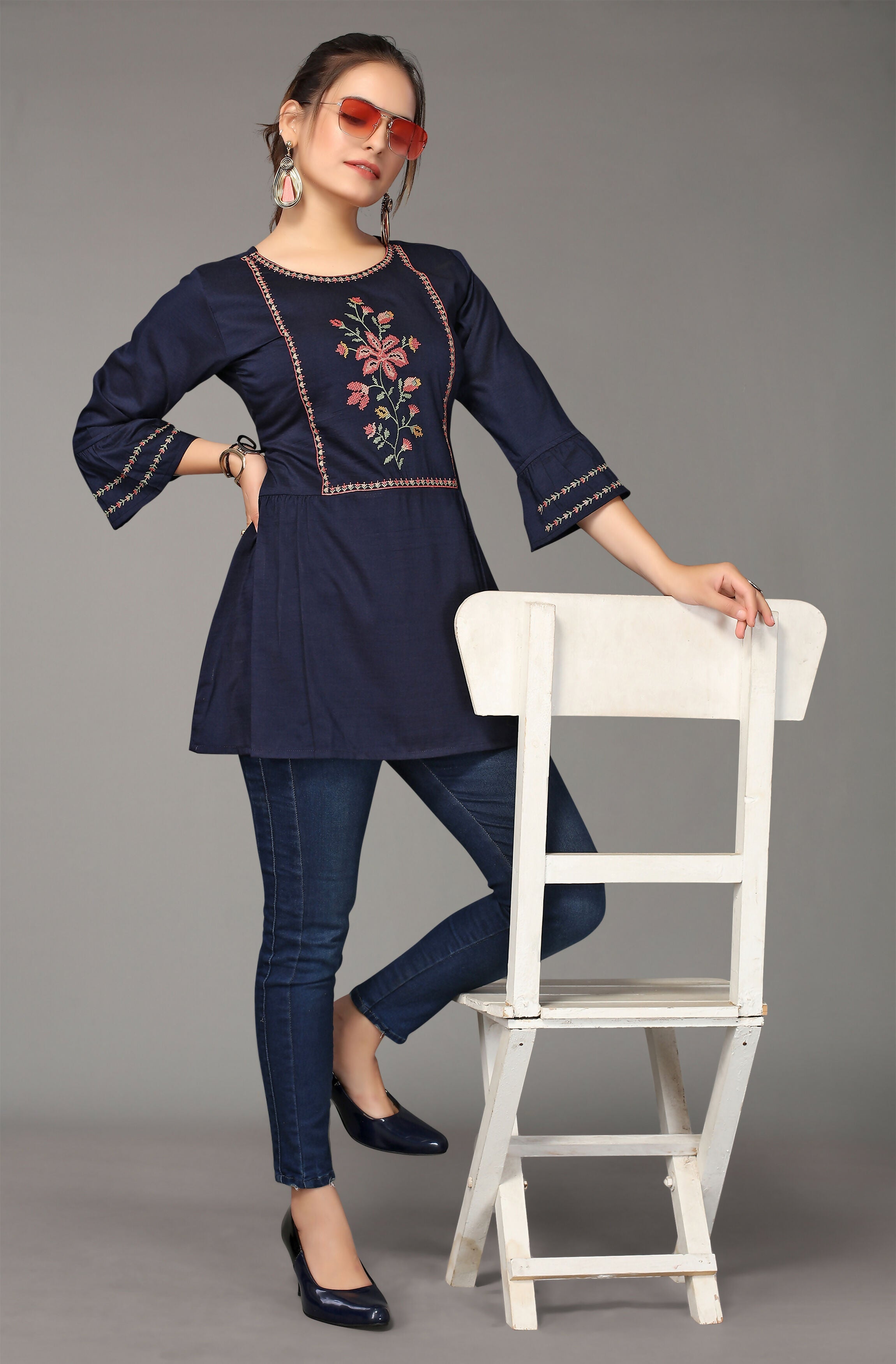 Women's Navy Blue Viscose blend Embroidered Short Top - Marina