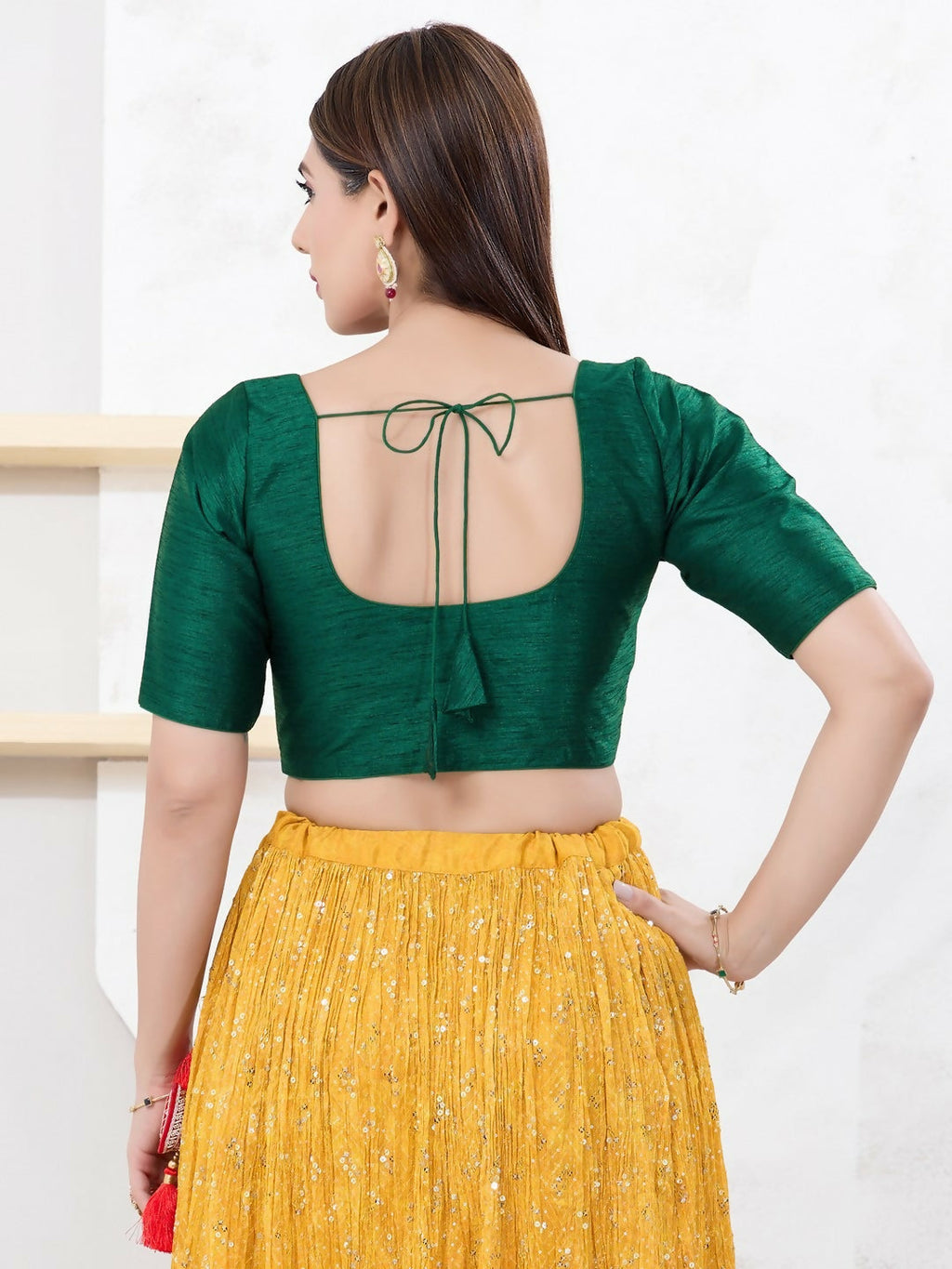 Joban Fashion Bottle-Green Dupion Silk Elbow Sleeveless Front Open Blouse