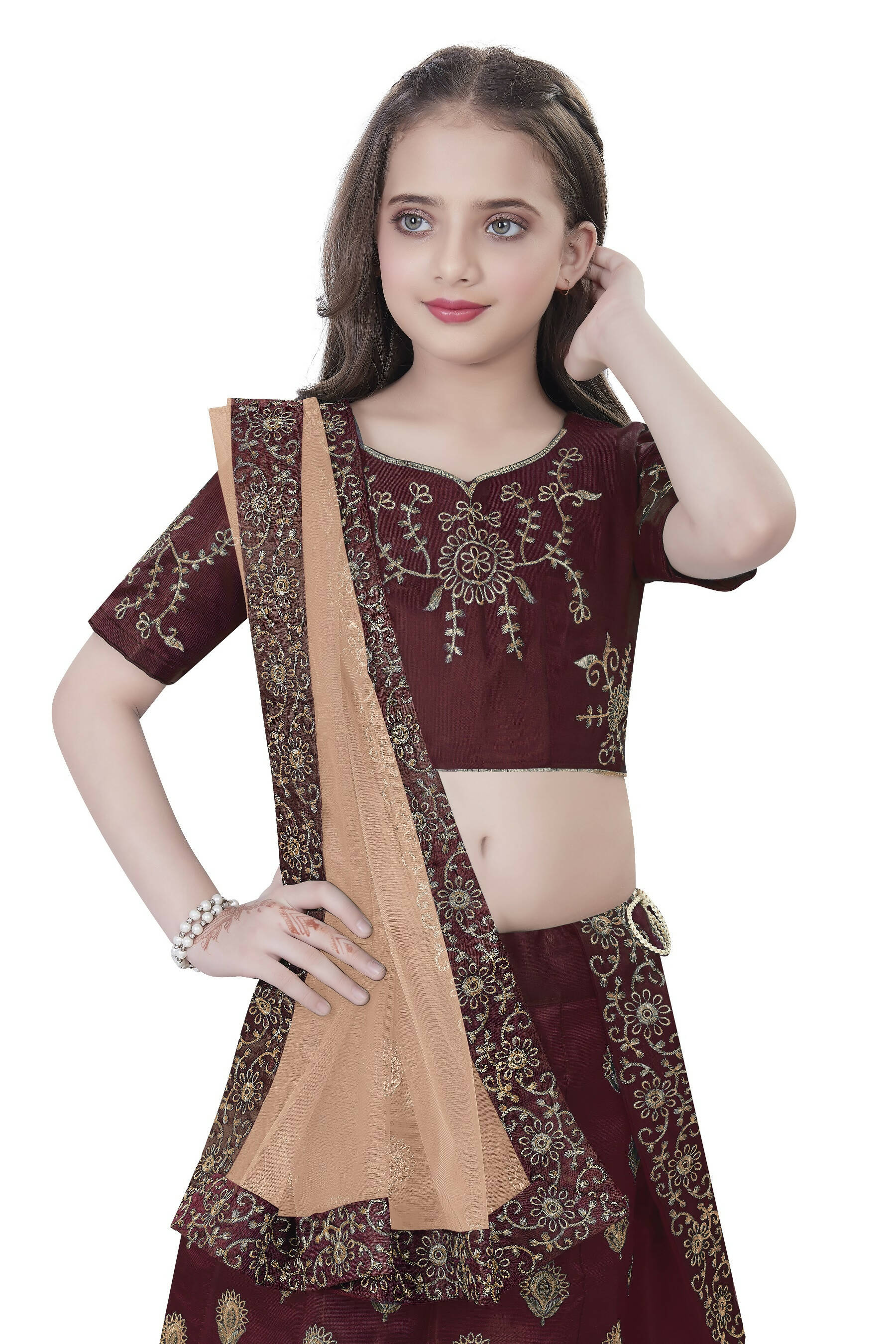 Dwiden Maroon Gulab Tafetta Sattin Semi-Stitched Girl'S Lehenga Choli