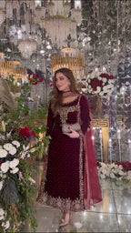 Joban Fashion Wine Velvet Sequence Embroidery Work Kurta Set - Distacart