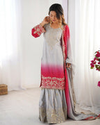 The52 Women's Beautiful Chinon silk Fabric Embroidery Work Straight Kurta Palazzo and Dupatta Set - Distacart