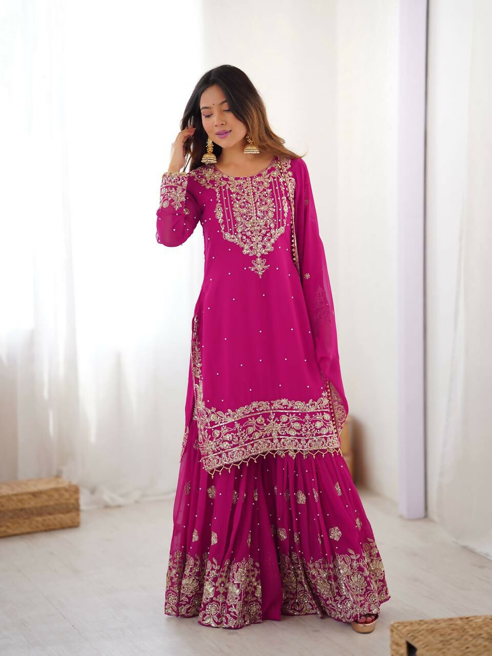 The52 Women's Beautiful Faux Georgette Fabric Embroidery Work Straight Kurt Sharara and Dupatta Set - Distacart