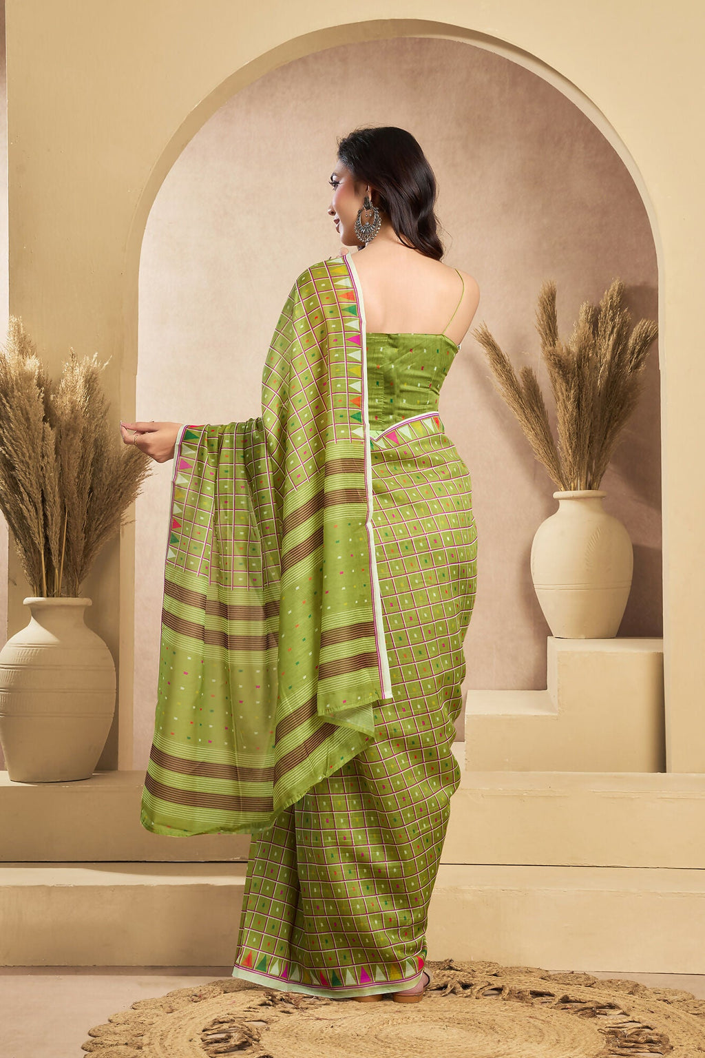 Vastranavya Mehendi Digital Printed Linen Ready To Wear Designer Saree with Unstitched Blouse - Distacart