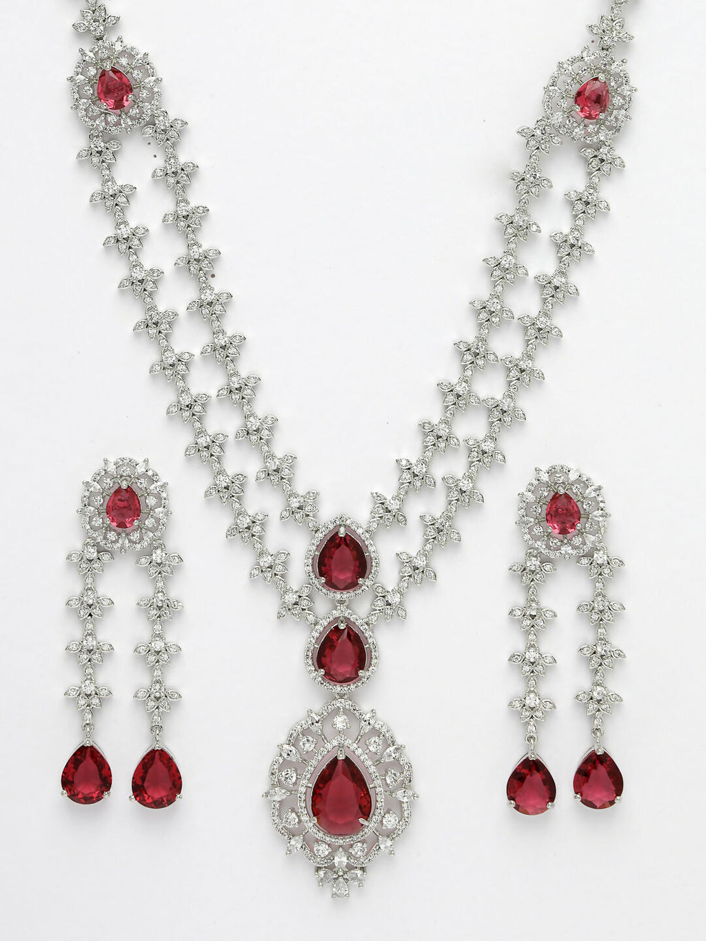 NVR Women's Silver-Plated Red CZ-Studded Handcrafted Jewellery Set
