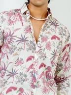Miravan Men's Pure Cotton Light Pink Bird And Floral Printed Full Sleeve Slim Fit Shirt