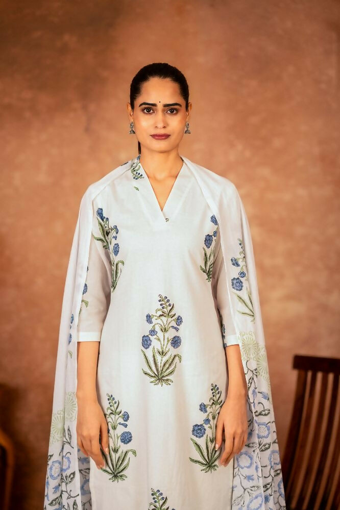 Joban Fashion Off White Blue Hand Block Printed Cotton Suit Set - Distacart