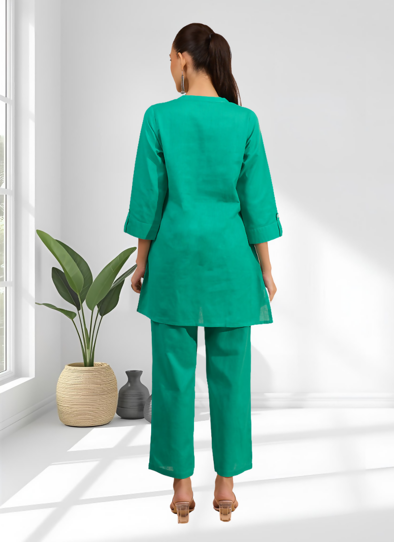Joban Fashion Sea Green Cotton, Linen Embroidered Readymade Cord Set - Distacart