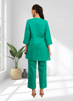 Joban Fashion Sea Green Cotton, Linen Embroidered Readymade Cord Set - Distacart