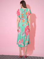 Myshka Women's Green Floral Printed Empire Dress - Distacart