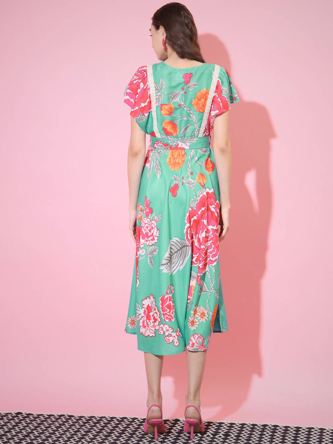 Myshka Women's Green Floral Printed Empire Dress - Distacart