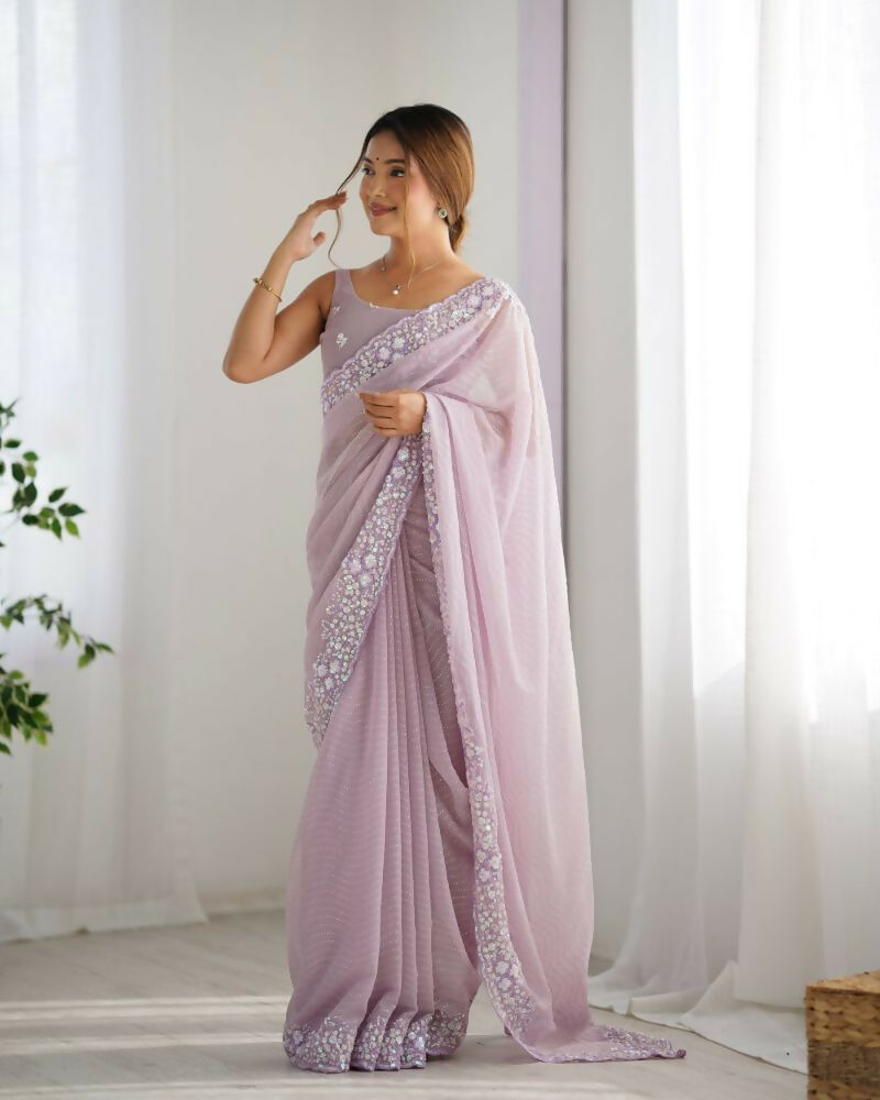 Georgette Designer Sequance Embroidery Work Party Wear Saree - Lavender