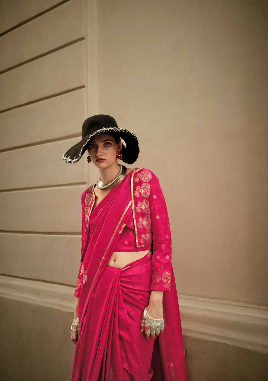 Dark Pink Weavead Thread & Zari Work, Handloom Weaving Banarasi Satin Silk Saree - Rajtex Kronicle Silk