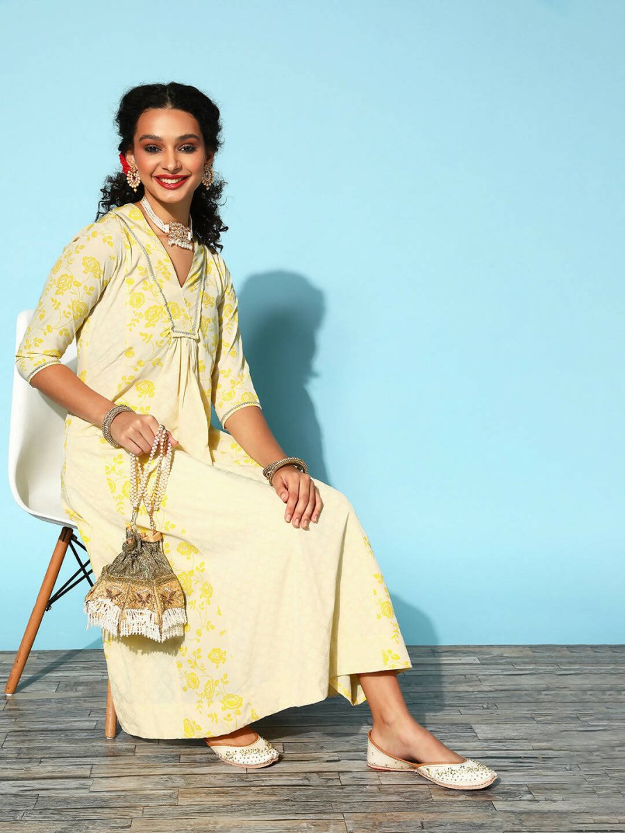Ahalyaa Women Yellow Colour Crepe Printed Kurta Pant Set - Distacart