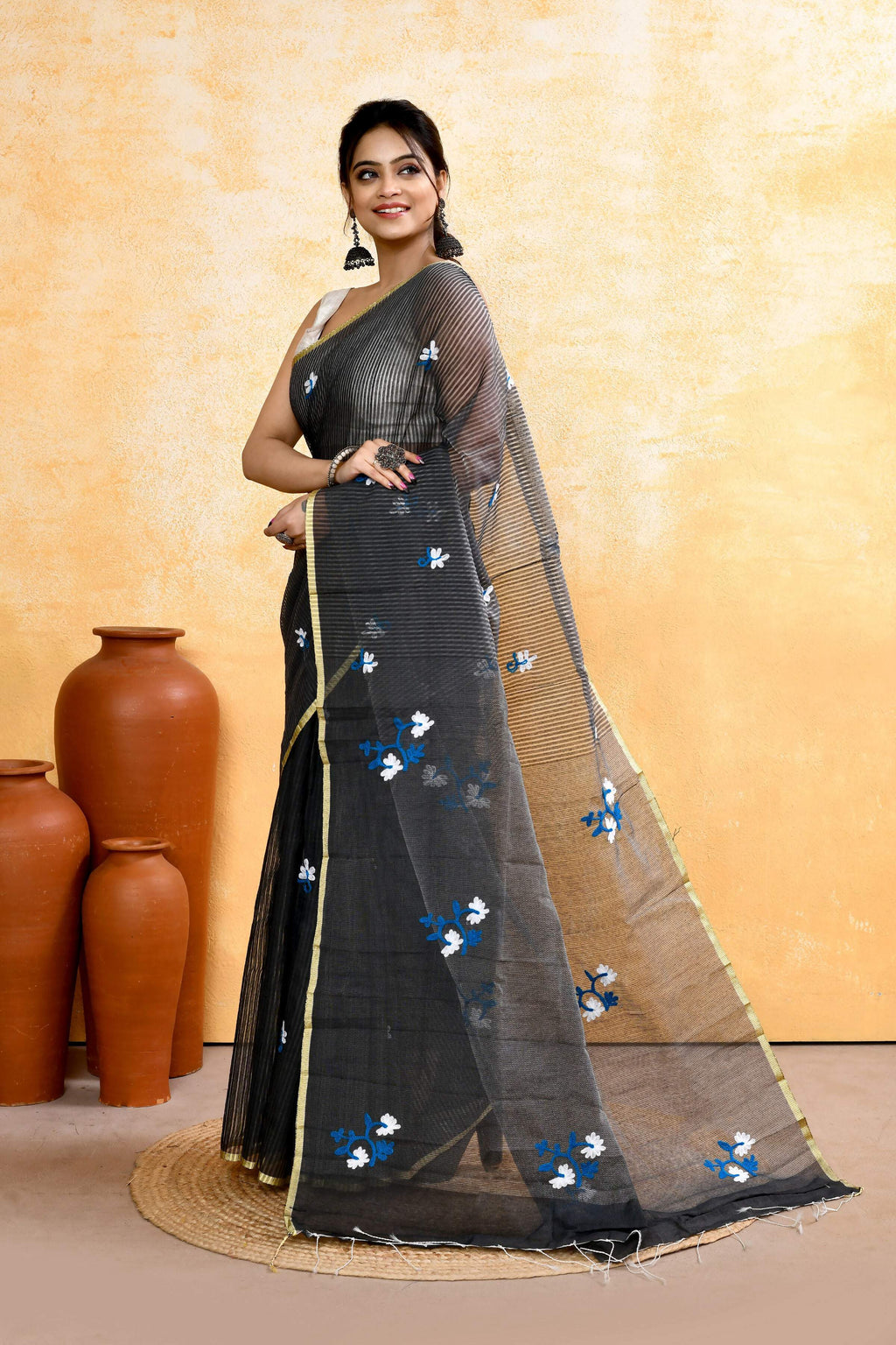Piyari Fashion Women's Grey Embellished Cotton Blend Embroidery Saree - Distacart