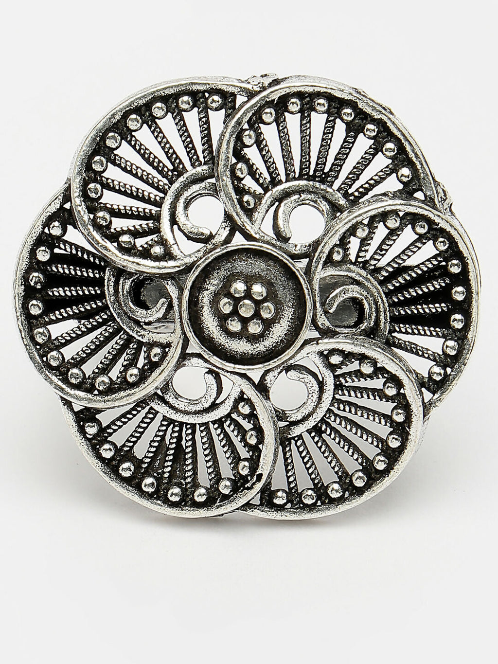 NVR Women's Silver-Toned Floral Shape Adjustable Finger Ring
