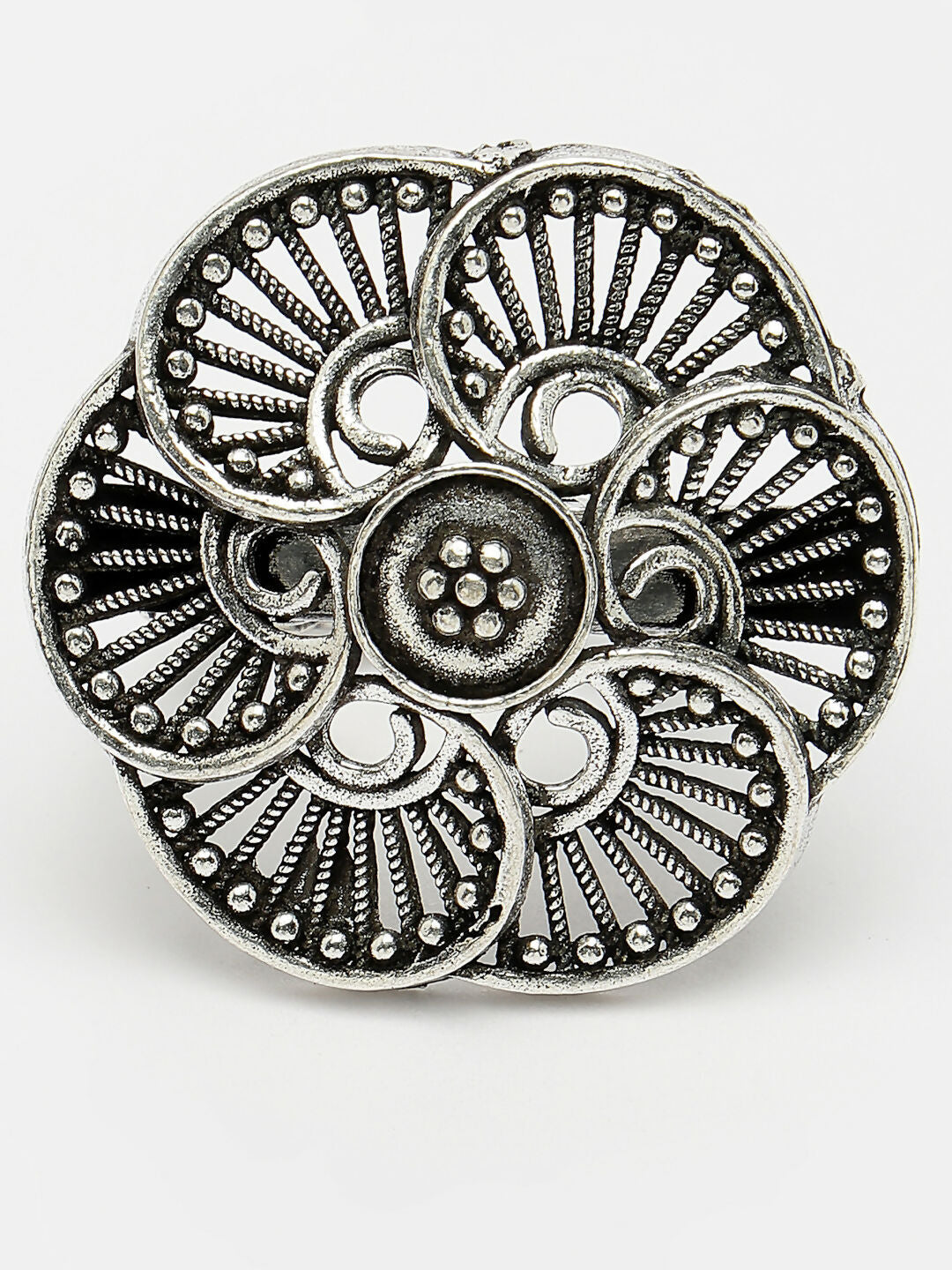 NVR Women's Silver-Toned Floral Shape Adjustable Finger Ring