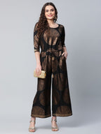 Ahalyaa Womens Black Crepe Copper Foil Printed Jumpsuit