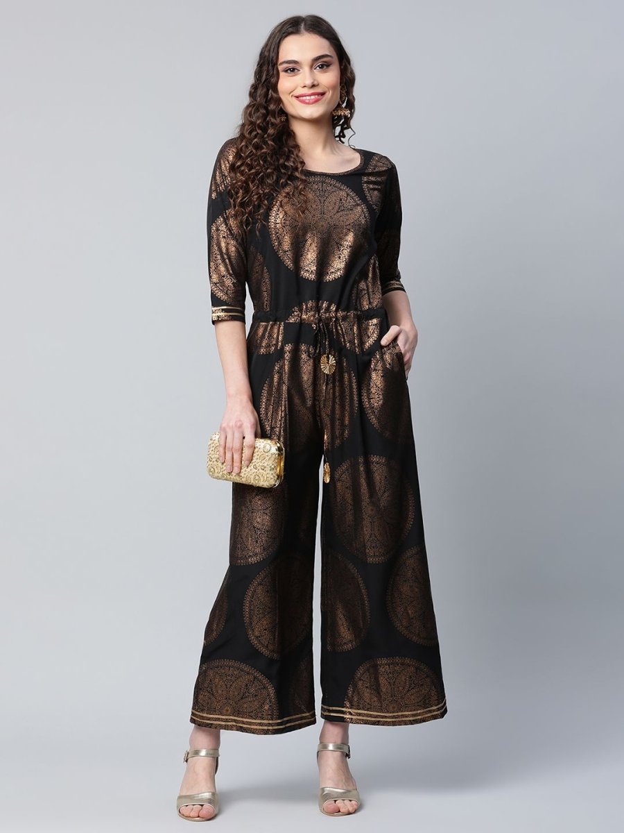 Ahalyaa Womens Black Crepe Copper Foil Printed Jumpsuit