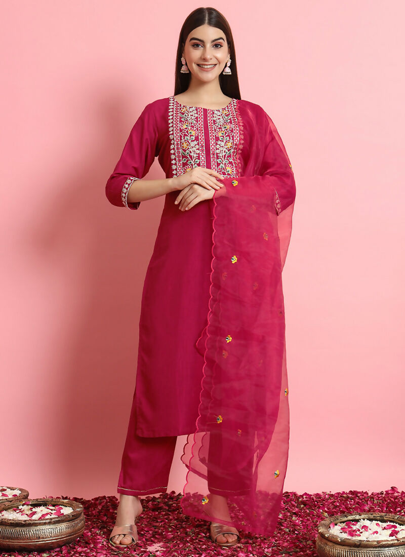 Vellora Rani Pink Embroidered Readymade Suit in Silk Blend for Daily Wear