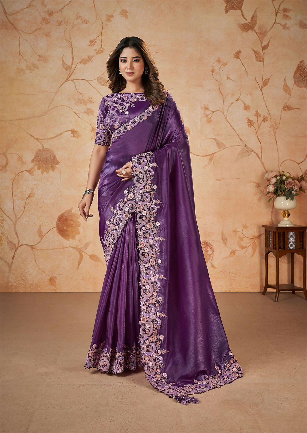 Purple Banarasi Crush Silk Thread, Sequence, Cord Embroidered with Stone & Moti Work Saree - Mohmanthan Dakshika